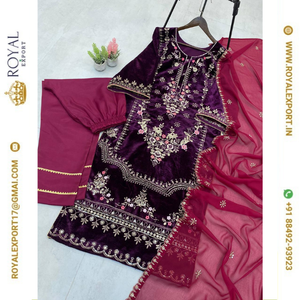 ชุดกางเกงผ้ากำมะหยี่สไตล์ดีไซเนอร์ใหม่สำหรับฤดูหนาว พร้อมงานปักหนัก มาพร้อมผ้าคลุมไหล่ ราคาขายส่ง - Product Image 5