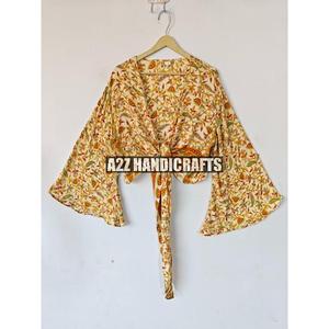 Trending Women's Dot & Floral Print Woven Silk Crop Top Deep V Long Bell Sleeve Casual <b>Wrap</b> <b>Tie</b> Blouse Summer Vintage - Product Image 1