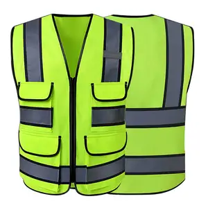 Venta al por mayor logotipo personalizado multifunción seguridad construcción trabajo seguridad chaleco reflectante de alta visibilidad chaleco de seguridad con bolsillos