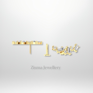 Lujo 14K oro redondo y Baguette diamante racimo Stud pendientes laboratorio cultivado diamantes naturales cartílago lóbulo Piercing joyería - Product Image 4