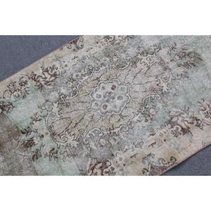 Turkish Rug 3.2x7 ft, <b>Brown</b> Green Check <b>Wool</b> Vintage Rug - Product Image 5