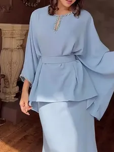 ชุดเดรส2ชิ้นเสื้อและกระโปรงลายลูกไม้หรูหรา100ลูกปัด