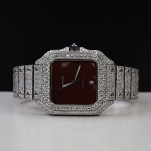 Montre à cadran rouge Moissanite personnalisée pour hommes, boîtier carré, bracelet en diamant, mouvement automatique, montre mode de luxe haut de gamme - Product Image 1