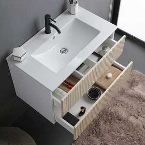 100CM <b>White</b> and Reeded Oak Bathroom Cabinet with 2 <b>Drawers</b> Suspended <b>Set</b> From Bali - Product Image 6