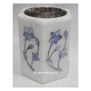 Brûleur à Bakhoor de luxe, motif unique, marbre blanc naturel, incrustation de nacre bleue, forme hexagonale, utilisé pour la décoration de festival - Product Image 1