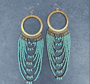 Looped Fringe Hoop <b>Earrings</b> in <b>Turquoise</b>, Long Seed Bead Beaded Hoop - Product Image 1
