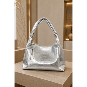 Sac à main élégant en cuir véritable argenté avec motif alligator, sac bandoulière tendance avec pompon et nœud pour femme - Product Image 1