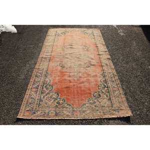 Vintage Turkish Rug 4.7x8.2 ft, <b>Red</b> Area Striped <b>Wool</b> Rug - Product Image 1