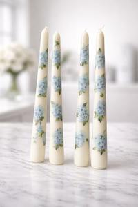 Delicate White <b>Tapered</b> Wax <b>Candles</b> Hand-Painted Blue Hydrangea Motifs Green Leaf Accents Lavender Scent for Weddings Christmas - Product Image 3