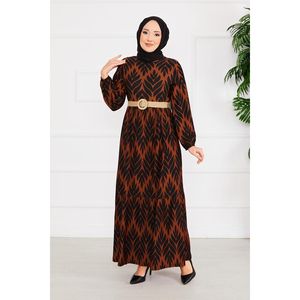 เดรสฮิญาบสีน้ำตาลเครปพร้อมเข็มขัดต้นปาล์มเดรสสุภาพเรียบร้อย - Product Image 4