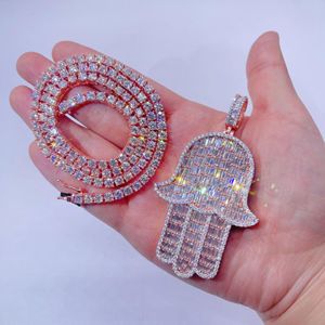 Colgante de oro rosa 925 Plata Baguette VVS Moissanite Hamsa y cadena de tenis de 18" - Product Image 3