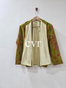 Chaqueta de Terciopelo con Bordado Floral a Mano, Talla Grande para Mujer, Cuello Mao, Manga Larga, Cierre de Cremallera, para Otoño - Product Image 4