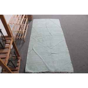 Alfombra Turca Vintage, Alfombra Decorativa de 2.8x5.7 pies (85x175 cm), Alfombra de Lana Azul Sólida - Product Image 1