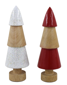 Ensemble de 2 figurines de sapin de Noël minimalistes en bois rouge et blanc - Product Image 1