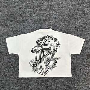 Personalizable de gran tamaño de los hombres recortada camiseta gráfica 100% algodón pesado Jersey Casual manga corta serigrafiado Logo cuello cuadrado - Product Image 2