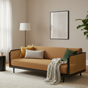 Kain rotan alami Modern mewah, Set Sofa tiga kursi, kaki mahoni dapat disesuaikan, furnitur ruang tamu elegan - Product Image 2