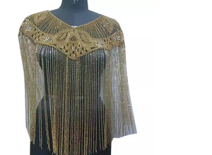 Poncho de cuentas hecho a mano de diseñador indio más vendido, blusa étnica para ropa de fiesta, estilo envolvente dorado y negro - Product Image 2
