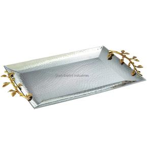 Handcrafted Metal Serving <b>Tray</b> With Brass Handle Oval Shape Silver Plated for Wedding <b>Party</b> Catering Serving <b>Tray</b> - Product Image 6