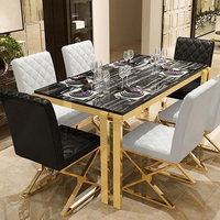 Table à manger en marbre durable, design moderne et luxueux, base en acier inoxydable doré, 6 places, meubles de salle à manger rectangulaires, vente en gros