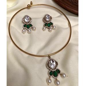 Hermosa alta calidad con estilo piedras Look diseñador chapado en oro collar de cadena conjunto con pendientes para boda para mujer - Product Image 1