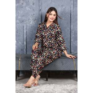 Ensemble Coordonné Décontracté Femme en Crêpe avec Nœud, Imprimé Paisley Noir, 100% Coton, Taille XL, Haut à Manches Longues Coupe Droite et Pantalon/Short, 2 Pièces - Product Image 2