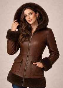 Chaqueta Bomber de Cuero Marrón para Mujer con Capucha de Piel, Chaqueta de Invierno Hecha a Mano - Product Image 5