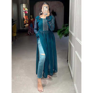 Kurti de fête en georgette brodée bleu sarcelle séduisant pour les tenues de club - Product Image 4