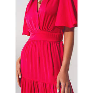 Vestido Maxi Boho con Cuello en V y Detalles Drapeados, Color Fucsia, Transpirable, Cintura Natural, Talla Única XS para Uso Diario y Fiestas, Logotipo Personalizable - Product Image 1