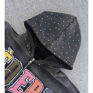 Sudadera con Capucha y Cremallera para Hombre, Personalizada al por Mayor, de Alta Calidad, con Apliques Bordados, Pedrería, Lavado Ácido y Efecto Desgastado por el Sol - Product Image 3