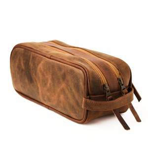 Vintage Leather Toiletry Bag with Zipper Closure Medium Size Soft Handle Durable Cosmetic <b>Case</b> for Travel - Product Image 6