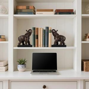 Ensemble de serre-livres éléphants modernes, figurine de coffre porte-bonheur, finition bronze foncé, décoration d'intérieur mondiale, lourd, cadeau d'anniversaire - Product Image 4