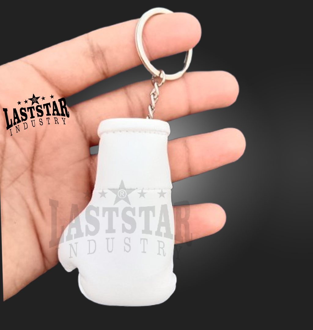 High Quality Custom Mini PU Leather Boxing Glove Keychain Laced Wrist Feature WHITE colour and country flag TITLE & Logo Display