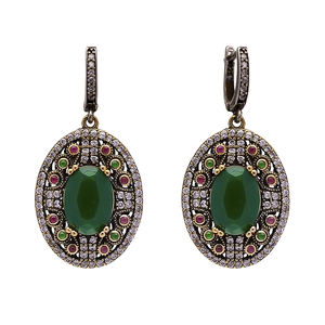 Auténticos pendientes colgantes turcos de piedra CZ Esmeralda ovalada hechos a mano al por mayor joyería de plata de ley 925 - Product Image 1