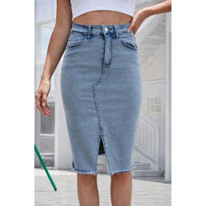 Jupe courte en jean taille haute pour femme avec fente avant, 37732 - Bleu - Product Image 1