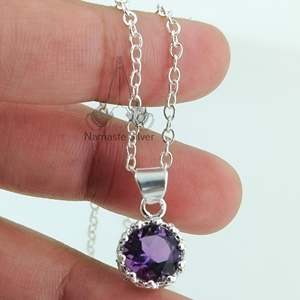 Handmade Dainty Amethyst 8mm 925 Sterling <b>Silver</b> Pendant Chain <b>Necklace</b> Bezel Setting Gemstone Locket Women's Birthday - Product Image 3
