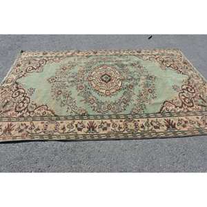 Alfombra de lana turca vintage verde y beige de 59x89 pies diseño de retales rectangulares de estilo clásico para respaldo de látex de cabecera - Product Image 2