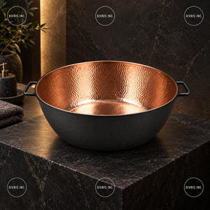 Bol à pédicure rond en cuivre avec extérieur noir et deux poignées - Product Image 2