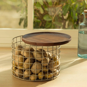 Kitchen Food <b>Storage</b> <b>Basket</b> with Wooden Lid Metal <b>Basket</b> and wood board Chopping & Cutting for Fruits & <b>Vegetables</b> organizer - Product Image 2