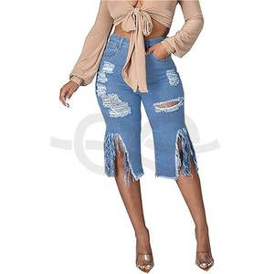 Pantalones cortos de mezclilla rasgados para mujer Cintura alta Elástico Deshilachado Crudo Dobladillo Borlas Bermudas de mezclilla Moda de verano - Product Image 1