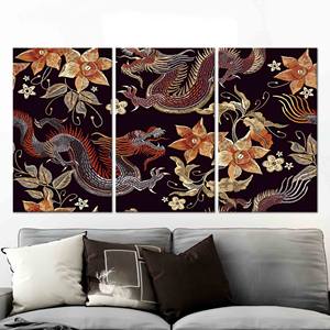 Toile imprimée élégante avec dragon et fleurs : décoration murale d'art asiatique, lot de 3 toiles - Product Image 1