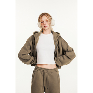 Women Autumn Printed Khaki Full Zip Hoodie <b>Jogger</b> Set Oversized <b>Crop</b> Sweatshirt Trackstar OEM Private Label - Product Image 5