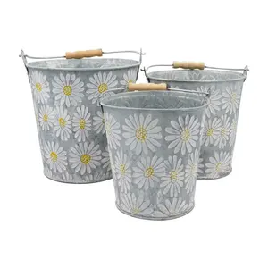 Top Selling Flower Print Galvanized Planter With Handle Bucket Shape Planter Use For Home And Garden - Product Image 1
