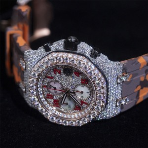 Montre de luxe de haute qualité en acier inoxydable avec bracelet en cuir, cadran serti de diamants et de moissanite, verre saphir, cadeau d'affaires - Product Image 1