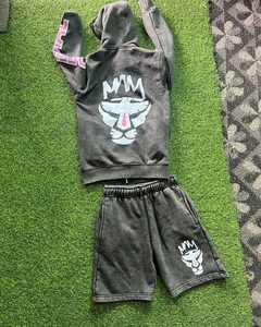 Ensemble surdimensionné de 2 pièces personnalisé lourd GSM 100% coton Vintage soleil délavé à l'acide sweat à capuche et short survêtements ensemble respirant - Product Image 6