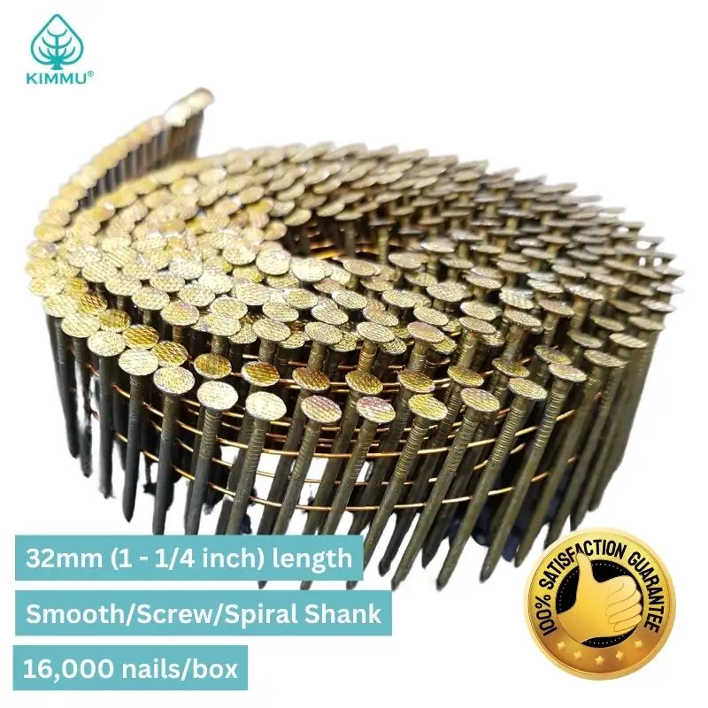 Clavos de bobina plana de vástago espiral de tornillo liso de 15 grados de 1,25 pulgadas para Paleta de madera Compatible con clavadora de bobina neumática CN50