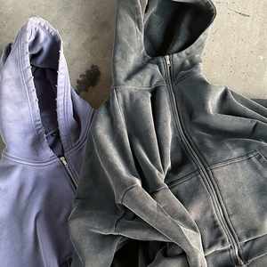 Nueva llegada logotipo personalizado francés Terry peso pesado bordado Sudadera con capucha lavado ácido sol se desvaneció Zip up Vintage Oversize Hoody para hombres - Product Image 2