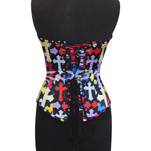 Party Wear Steel Boned Underwire Cups Overbust Cross Print <b>Corset</b> - Product Image 6