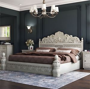 Juego de dormitorio moderno de madera de teca tallada a mano de diseño de mediados de siglo para hotel o apartamento incluye cama de madera - Product Image 1