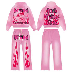 Usine bas prix strass lavage à l'acide Streetwear survêtement sérigraphie jogging vintage sweats à capuche et pantalon ensemble pour hommes - Product Image 4