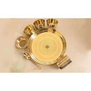 IndianArtVilla Ensemble de dîner 7 pièces fabriqué à la main en laiton pur avec finition brillante en relief-Vaisselle, 11.2 "pouces - Product Image 3